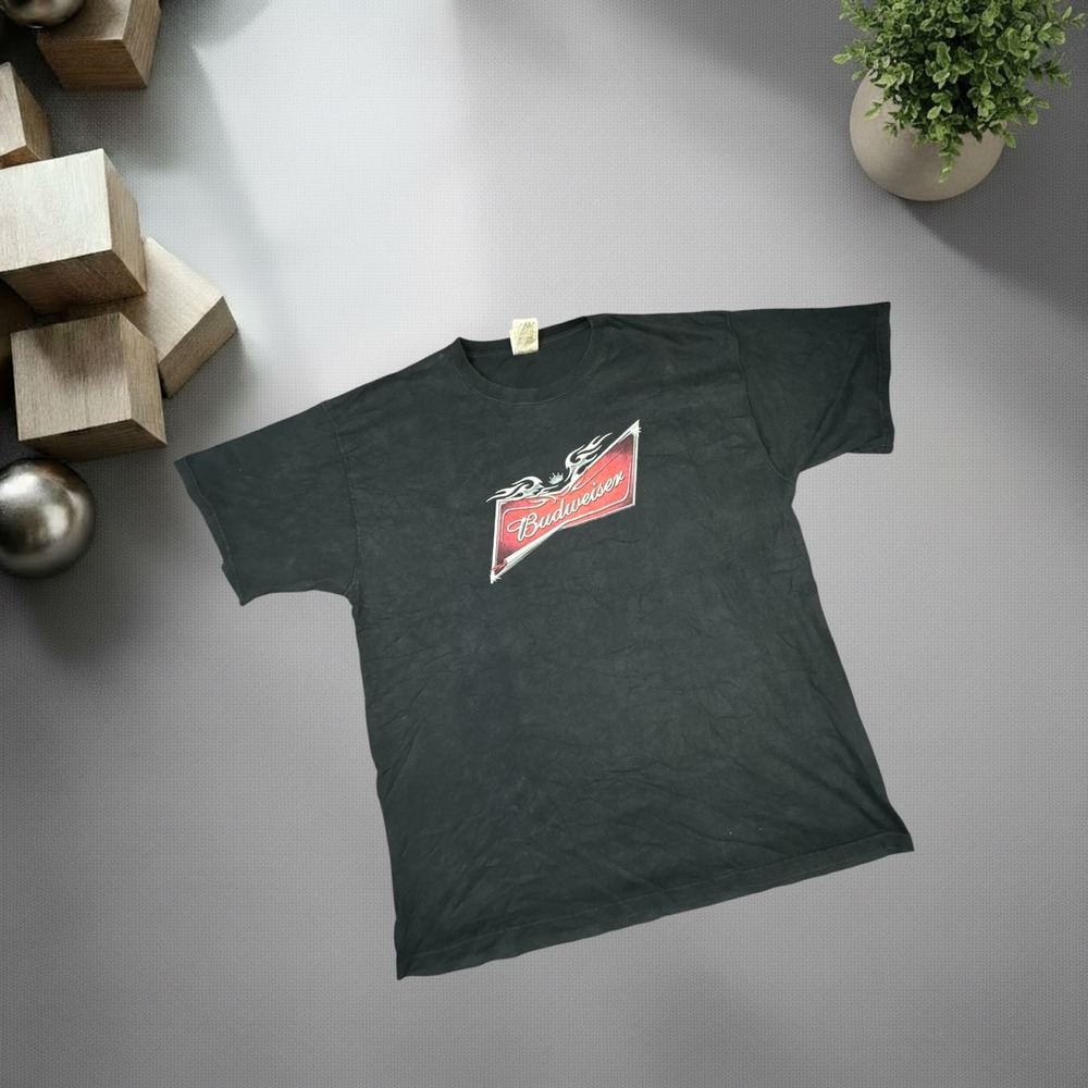 Vintage Budweiser Flame Graphic‎ T-Shirt Mens XL Black Y2K Fruit of the Loom Tee